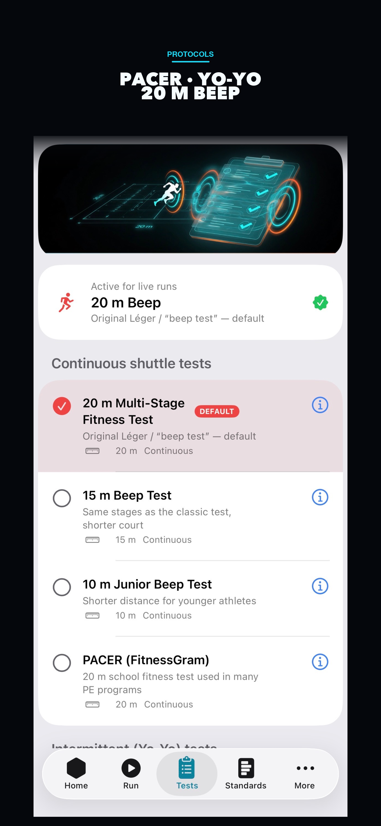 PACER, Yo-Yo, and 20 m beep protocols